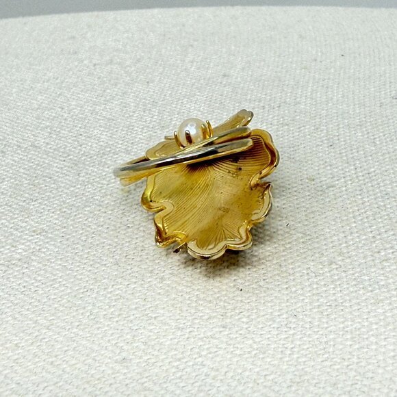 Vintage Leaf Brooch Gold-Tone Imitation Pearl MCM Mid-Century Nature Retro - Picture 6 of 11